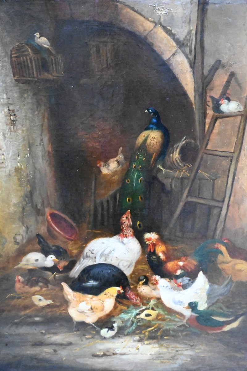 Paire d huiles basse- cour, poules et coqs fin XIX-photo-2