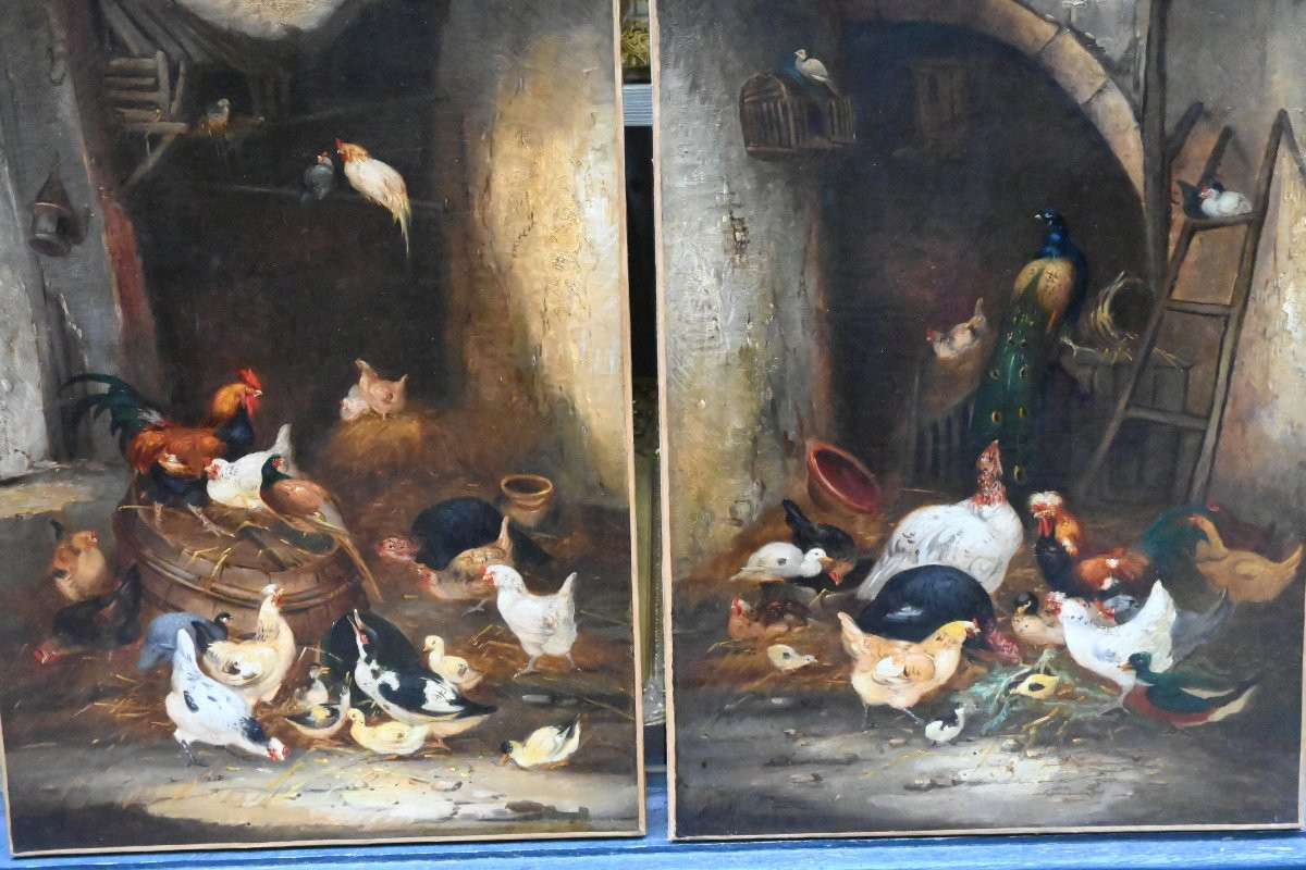 Paire d huiles basse- cour, poules et coqs fin XIX-photo-3