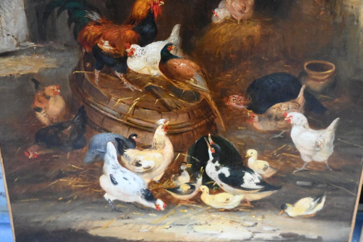Paire d huiles basse- cour, poules et coqs fin XIX-photo-2