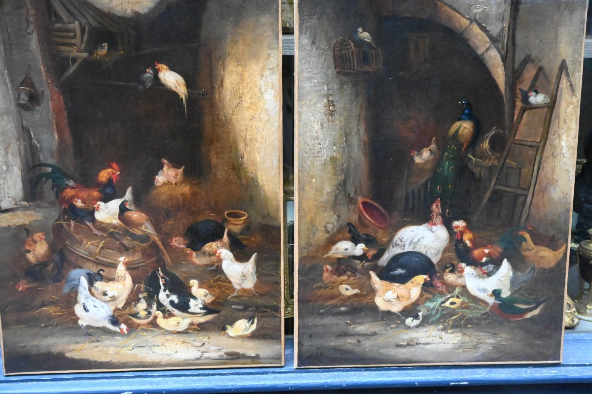 Paire d huiles basse- cour, poules et coqs fin XIX-photo-5