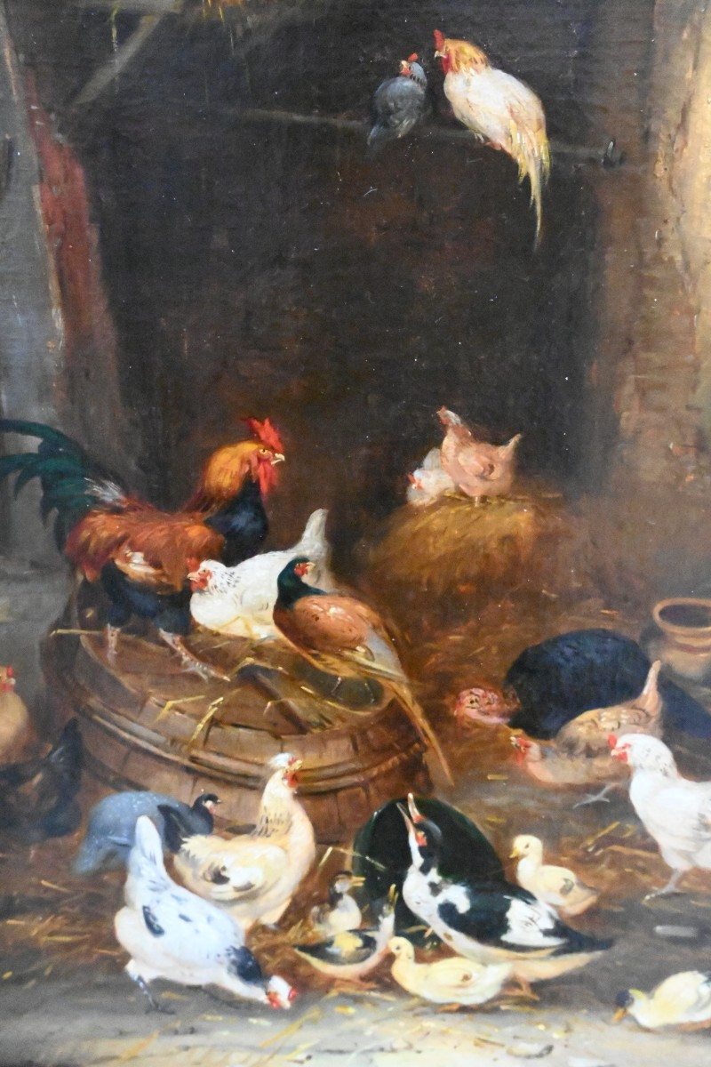 Paire d huiles basse- cour, poules et coqs fin XIX