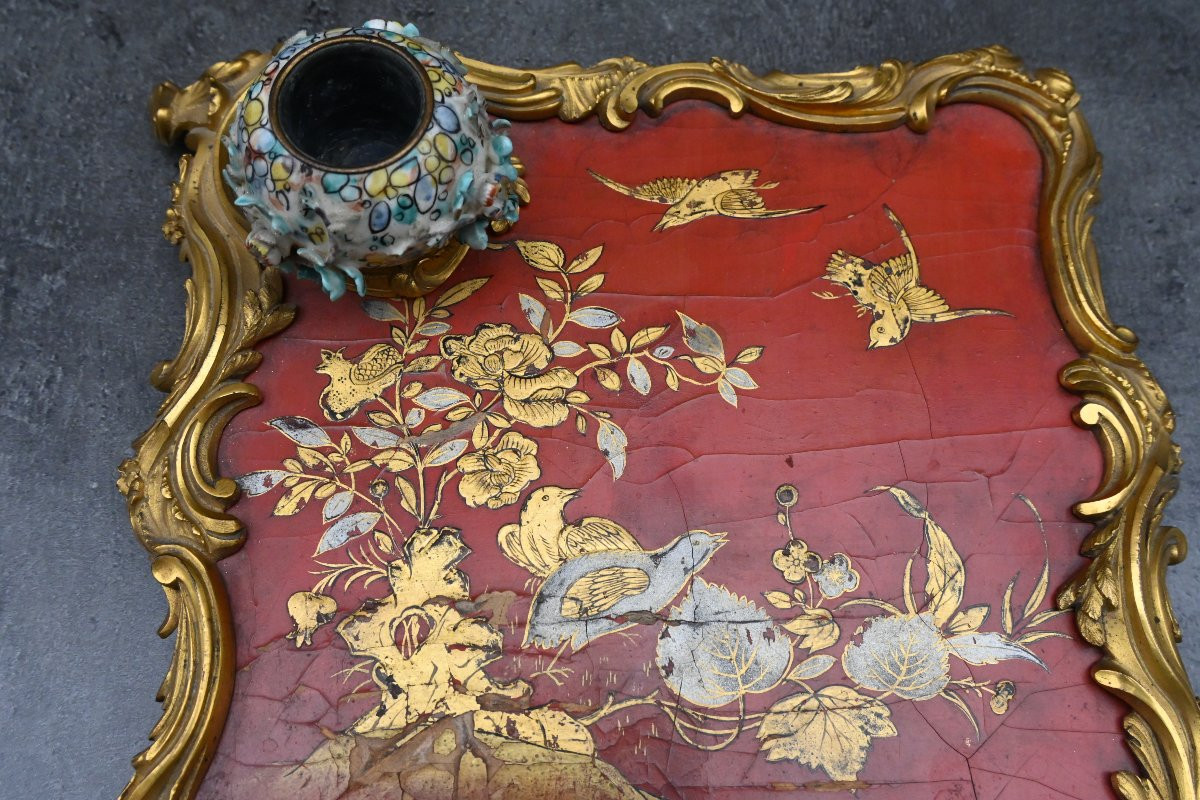 Encrier en laque rouge dans le gout de la Chine monture bronze , Louis XV-photo-4