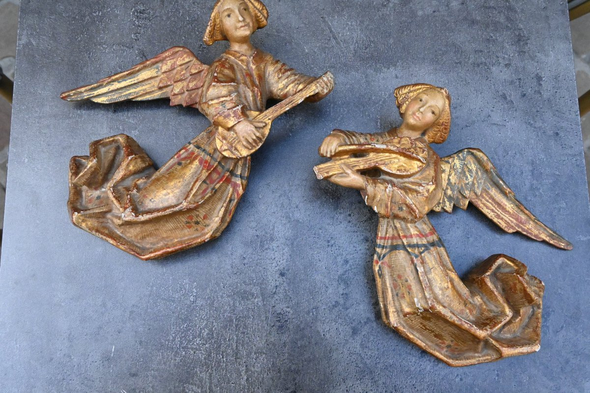 Paire d anges en bois polychrome Italie XIX-photo-2