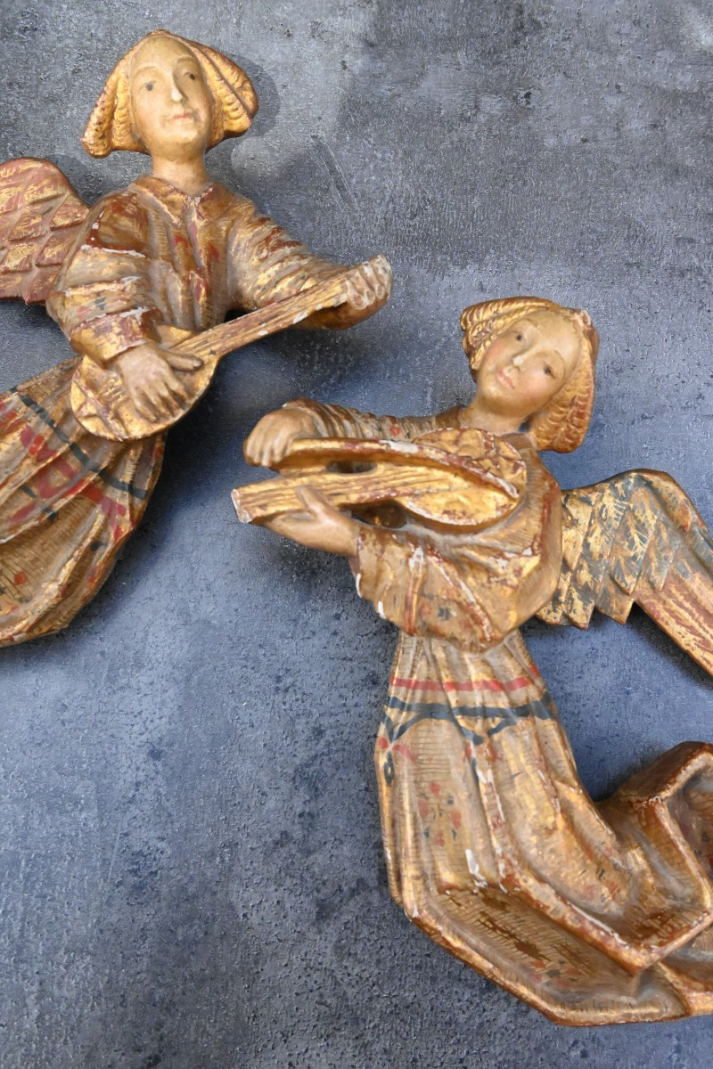 Paire d anges en bois polychrome Italie XIX