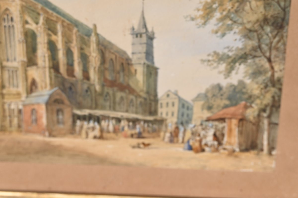 Watercolor View Of A Church, 19th Century Norman School-photo-3