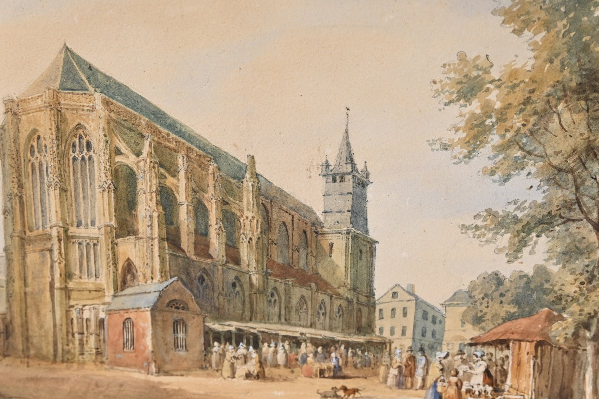 Watercolor View Of A Church, 19th Century Norman School-photo-4
