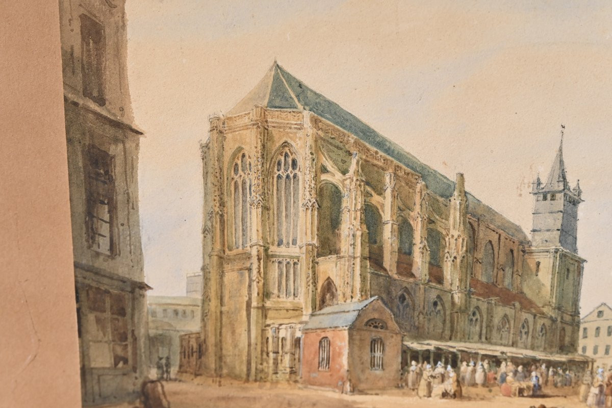 Watercolor View Of A Church, 19th Century Norman School-photo-1
