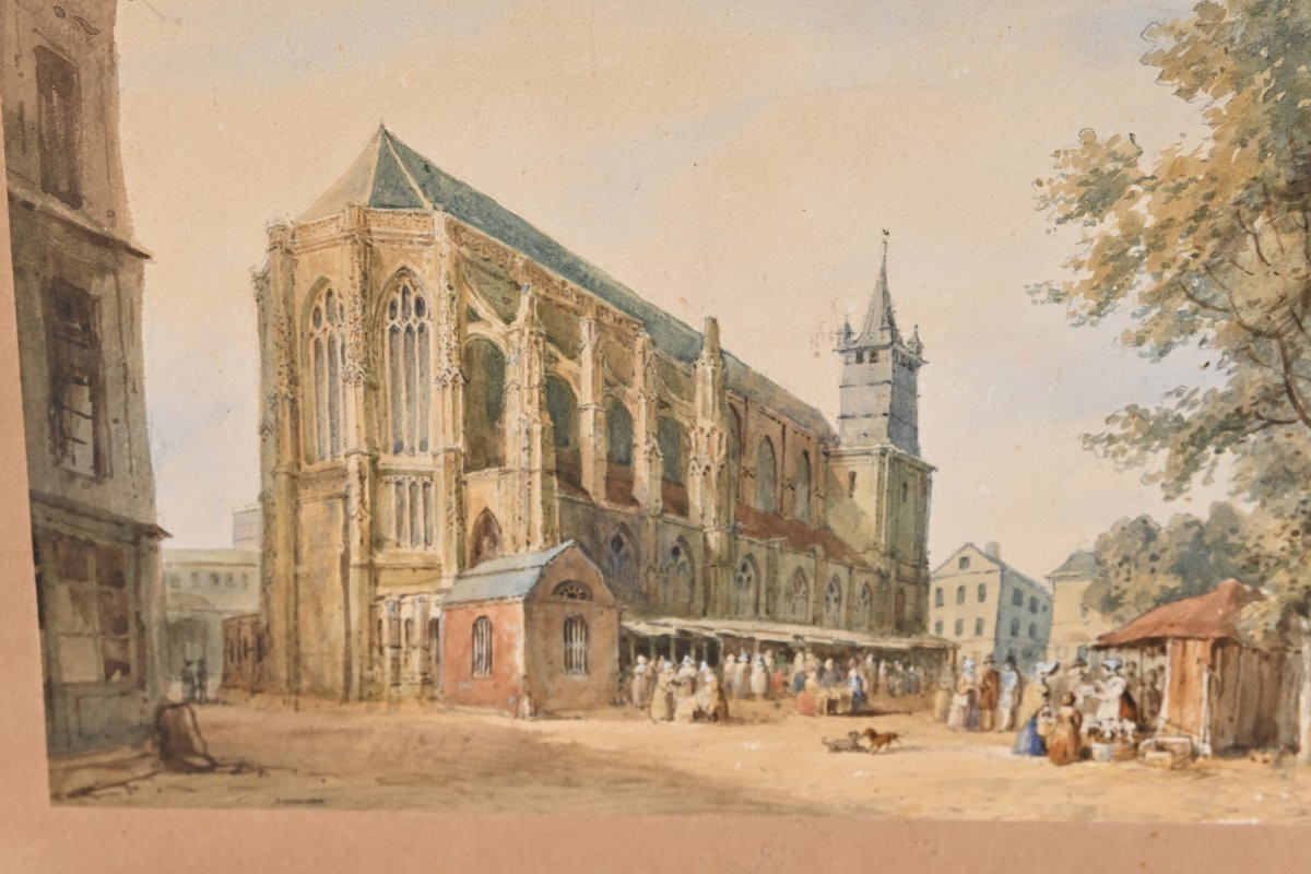 Watercolor View Of A Church, 19th Century Norman School-photo-2