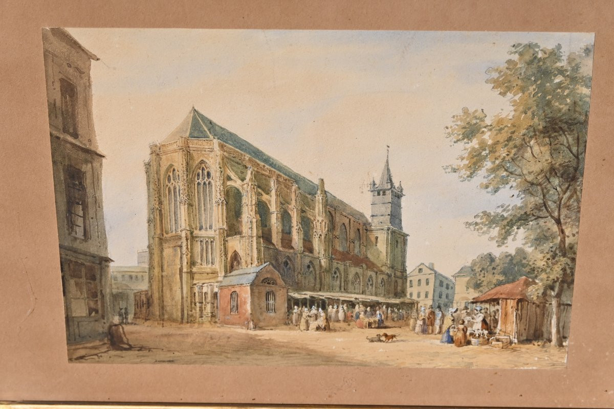 Watercolor View Of A Church, 19th Century Norman School-photo-3