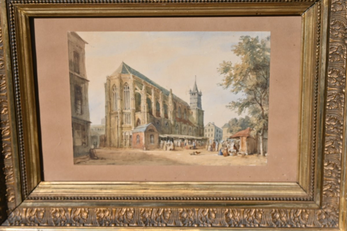 Watercolor View Of A Church, 19th Century Norman School-photo-4