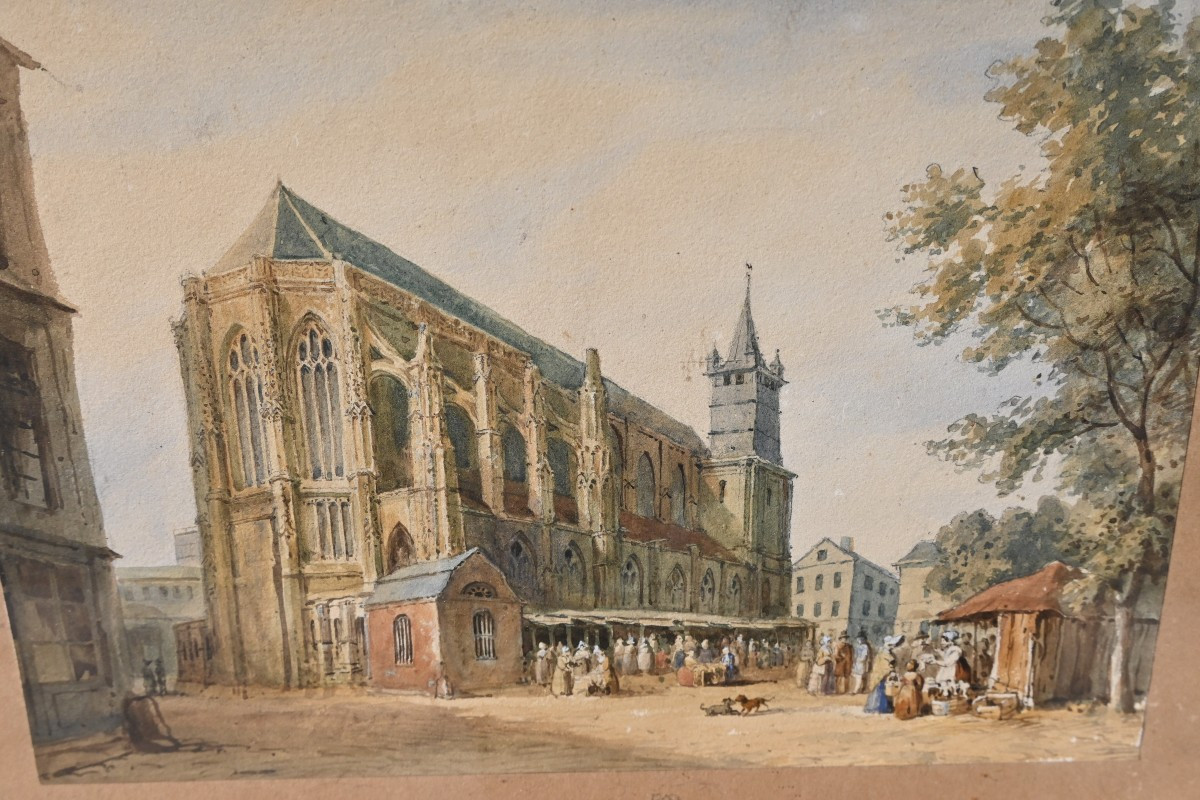 Watercolor View Of A Church, 19th Century Norman School