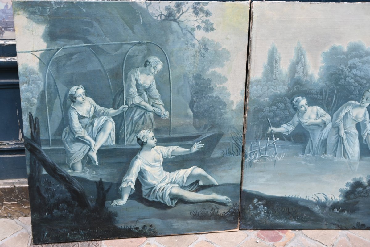 Paire de grandes toiles  XVIII en camaîeu de bleu suiveur de Lancret-photo-2