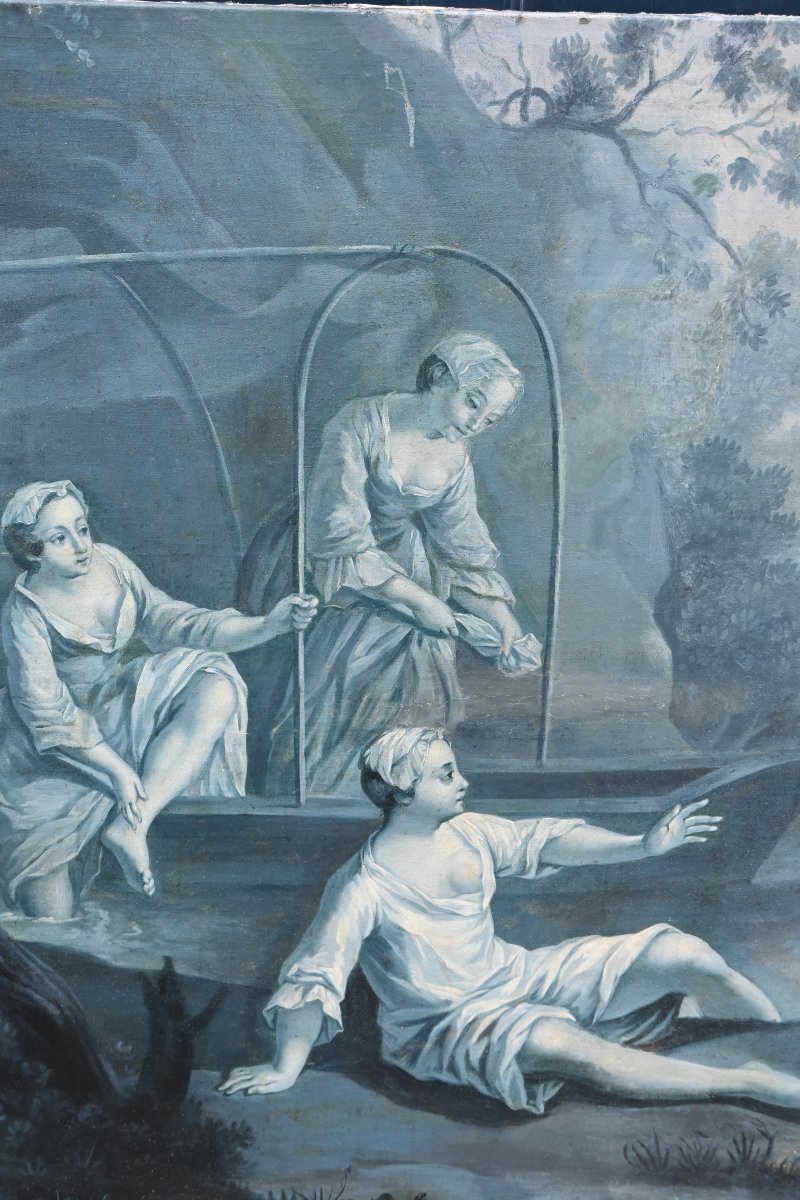 Paire de grandes toiles  XVIII en camaîeu de bleu suiveur de Lancret-photo-1