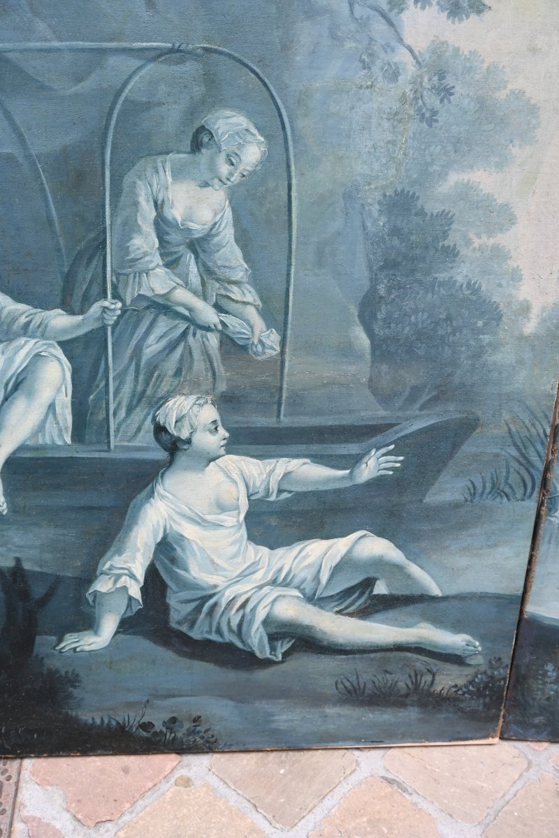 Paire de grandes toiles  XVIII en camaîeu de bleu suiveur de Lancret-photo-3