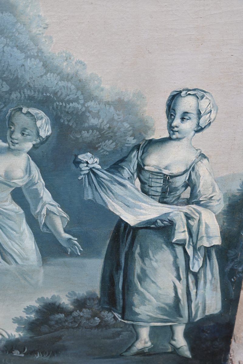 Paire de grandes toiles  XVIII en camaîeu de bleu suiveur de Lancret-photo-4