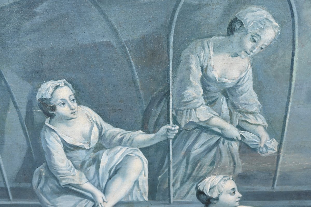 Paire de grandes toiles  XVIII en camaîeu de bleu suiveur de Lancret-photo-7