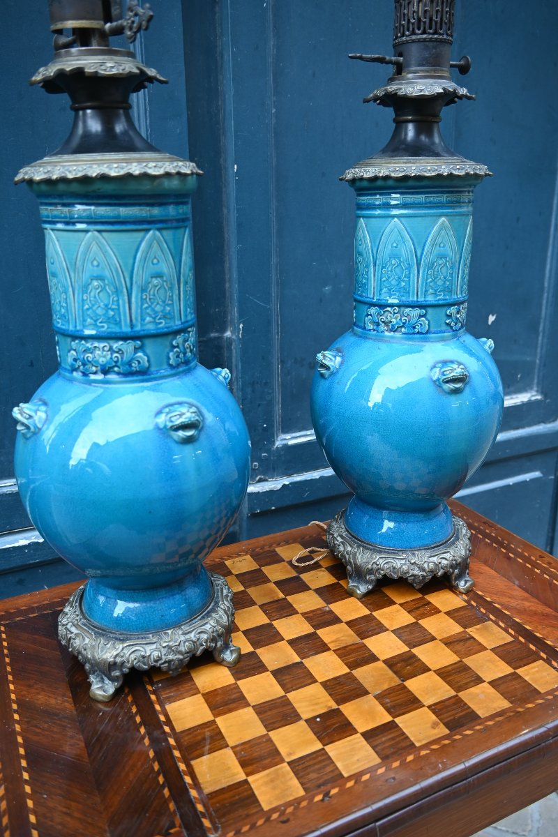 Théodore Deck , paire de grandes  lampesen céramique émaillée Bleu de Perse -photo-2