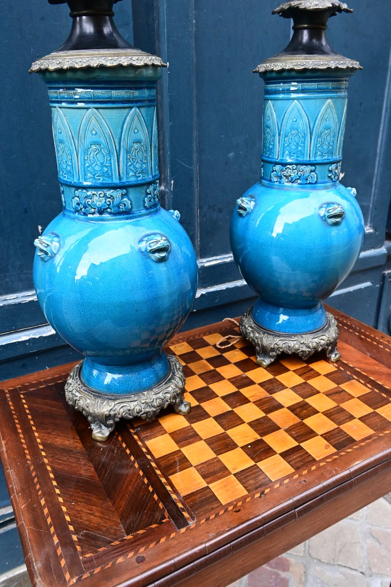 Théodore Deck , paire de grandes  lampesen céramique émaillée Bleu de Perse -photo-3