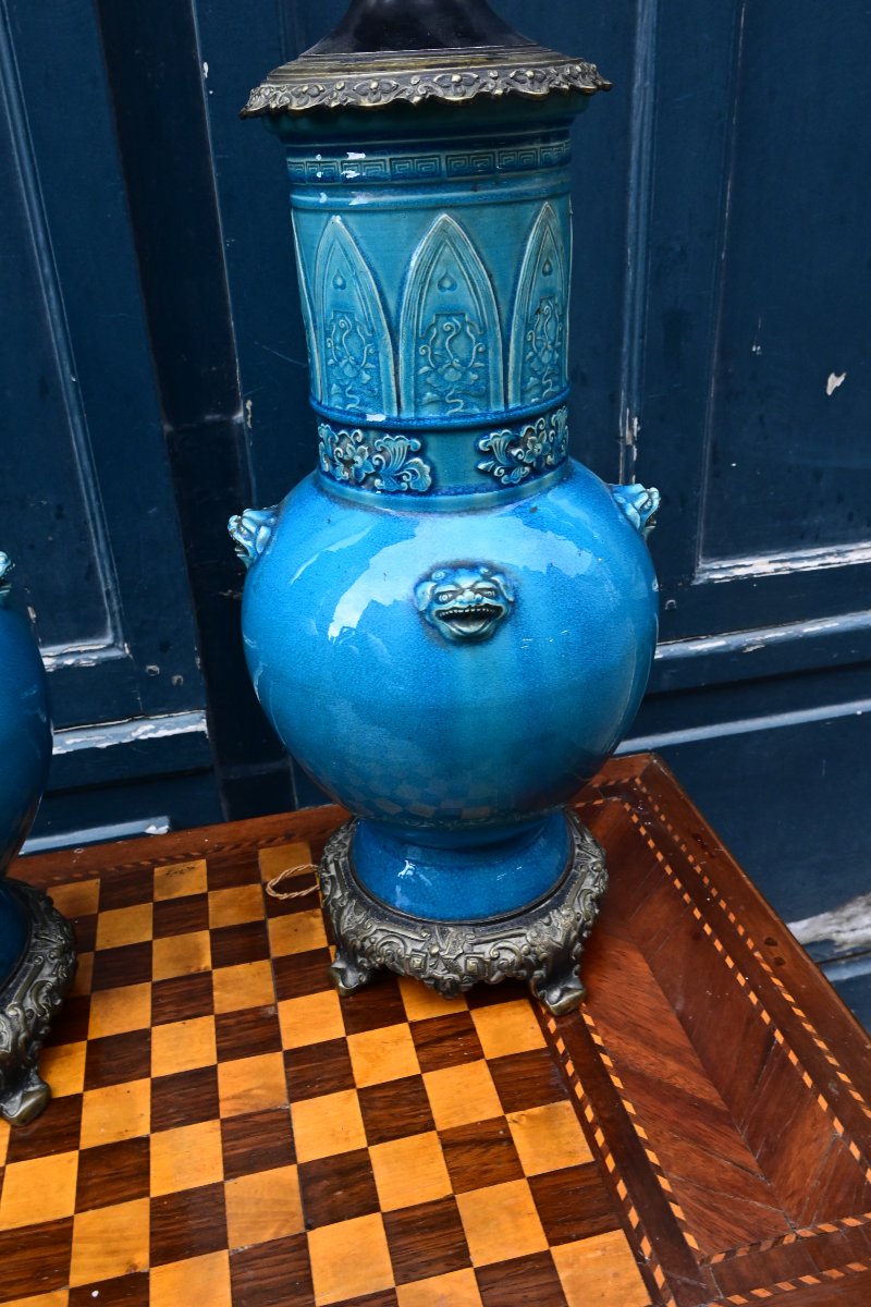 Théodore Deck , paire de grandes  lampesen céramique émaillée Bleu de Perse -photo-1