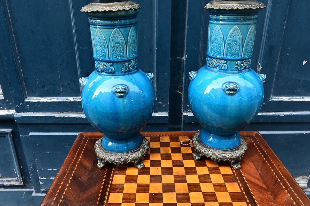 Théodore Deck , paire de grandes  lampesen céramique émaillée Bleu de Perse -photo-2