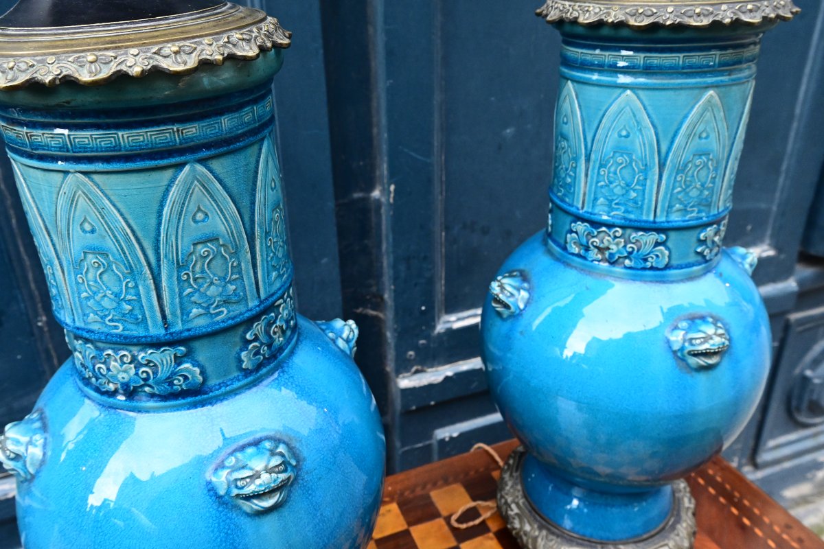 Théodore Deck , paire de grandes  lampesen céramique émaillée Bleu de Perse -photo-4
