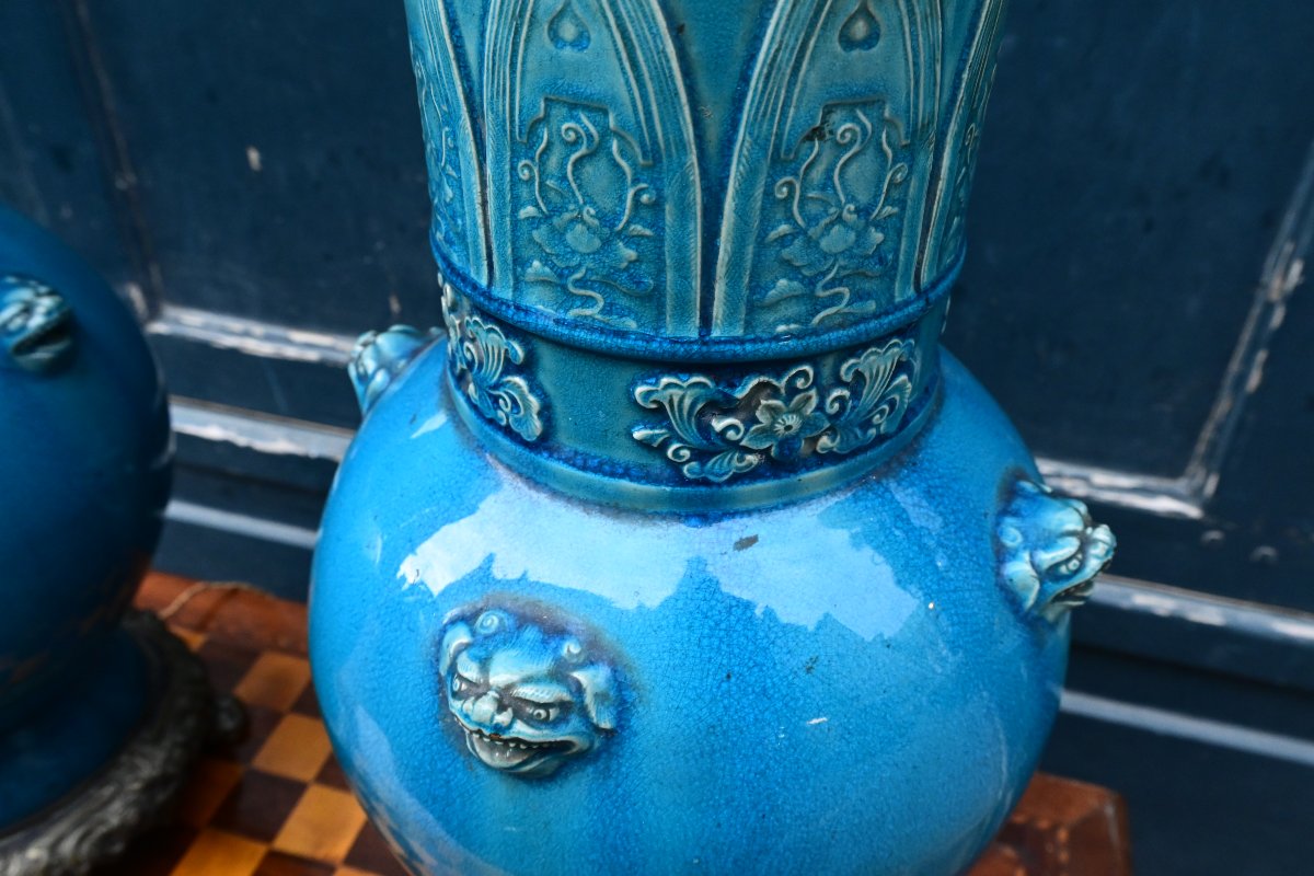 Théodore Deck , paire de grandes  lampesen céramique émaillée Bleu de Perse -photo-5