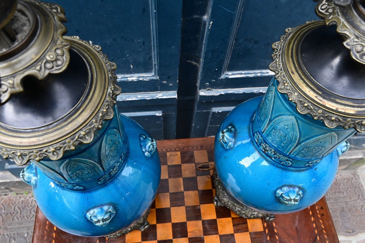 Théodore Deck , paire de grandes  lampesen céramique émaillée Bleu de Perse -photo-8