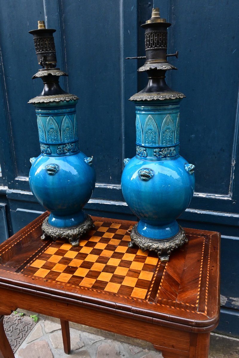 Théodore Deck , paire de grandes  lampesen céramique émaillée Bleu de Perse 