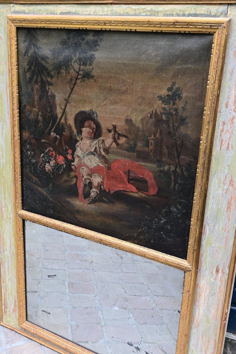 Trumeau fin XVIII , avec toile  scène d un jardiner , époque Louis XVI-photo-2