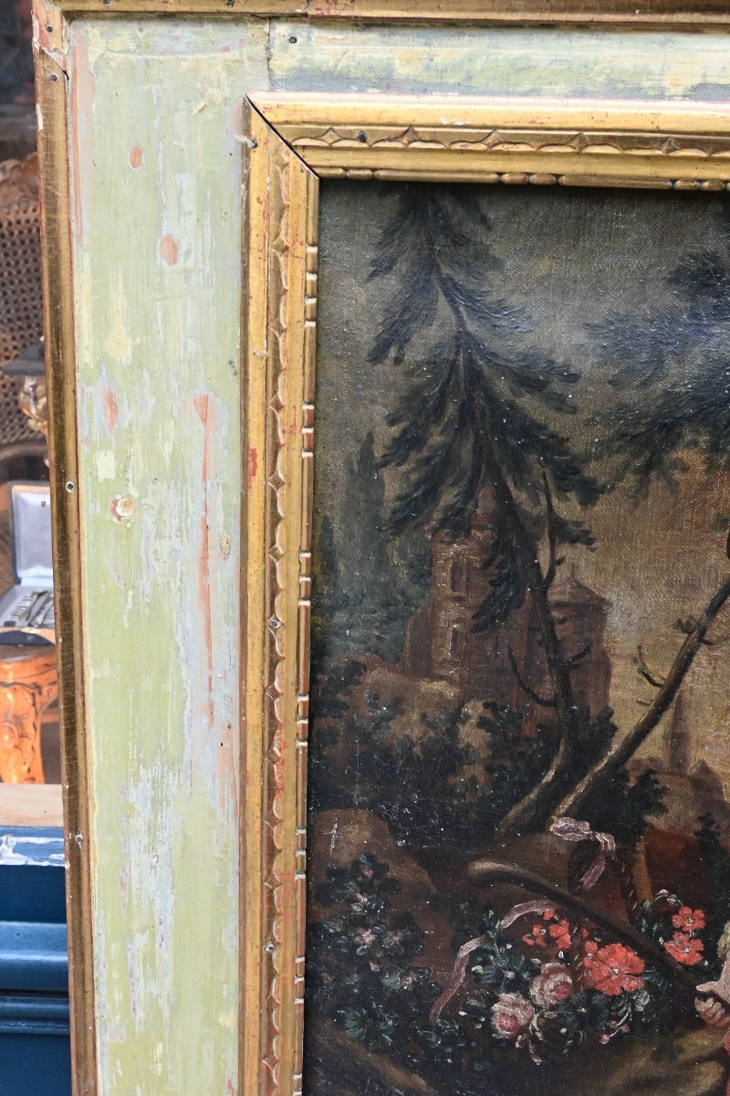 Trumeau fin XVIII , avec toile  scène d un jardiner , époque Louis XVI-photo-3