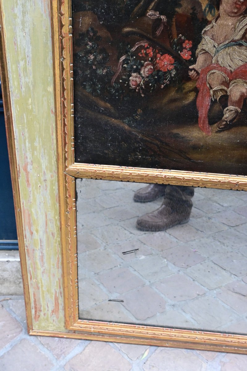 Trumeau fin XVIII , avec toile  scène d un jardiner , époque Louis XVI-photo-1