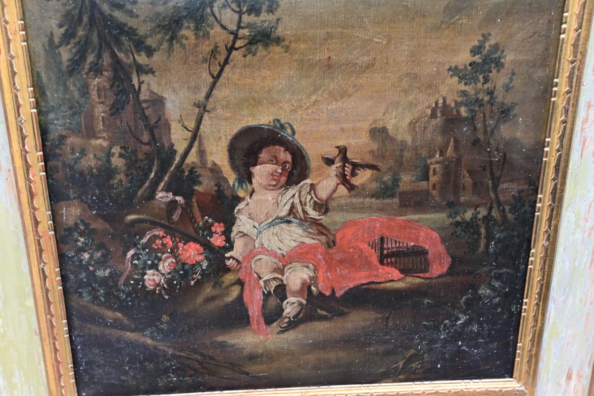 Trumeau fin XVIII , avec toile  scène d un jardiner , époque Louis XVI-photo-3