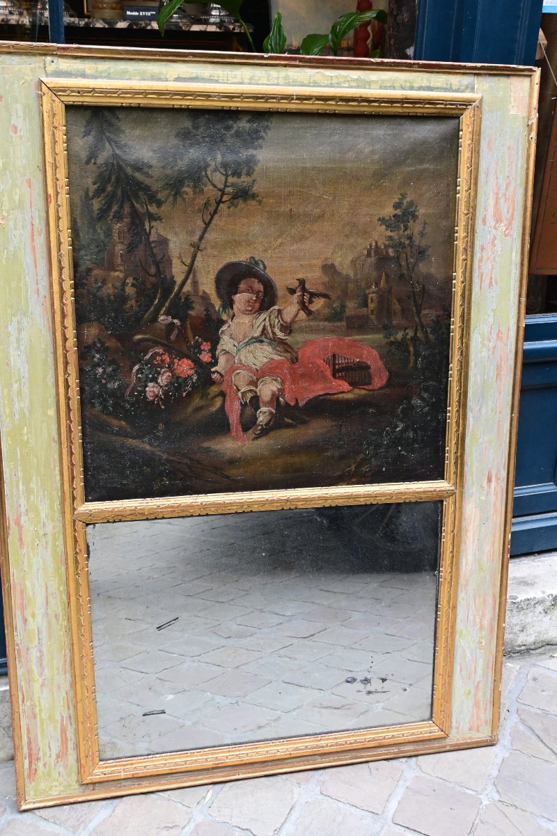 Trumeau fin XVIII , avec toile  scène d un jardiner , époque Louis XVI