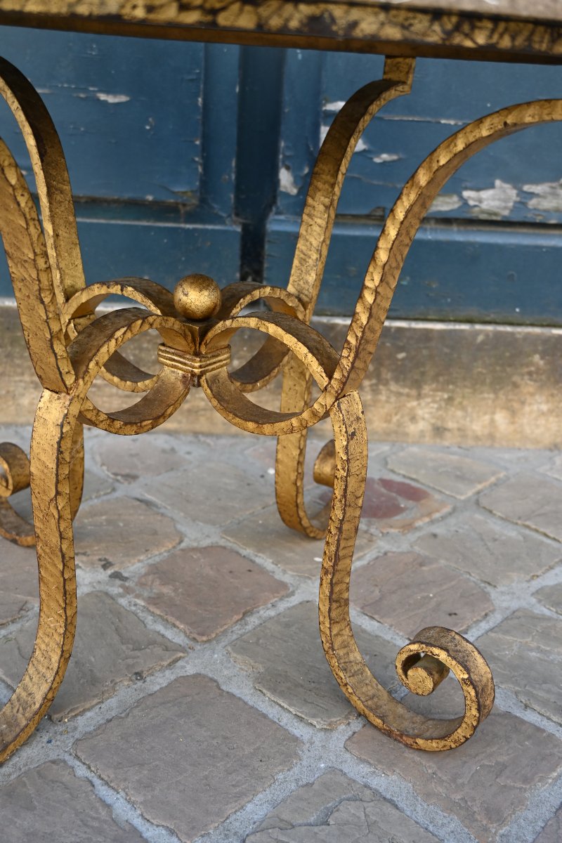 Table basse , fer forgé doré , dessus de marbre  vers 1940- 50  Maison Ramsay-photo-4