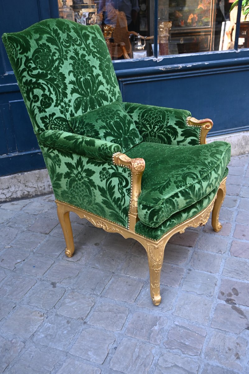 Large bergère en bois doré et velour vert de style Regence -photo-3