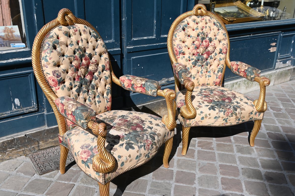 Paire de grands fauteuils cordes bois doré  style Napoléon III-photo-3
