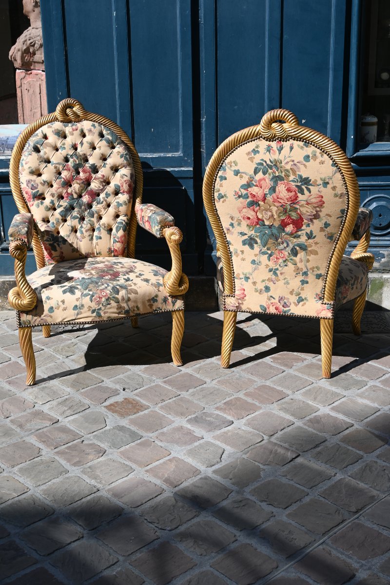 Paire de grands fauteuils cordes bois doré  style Napoléon III-photo-1