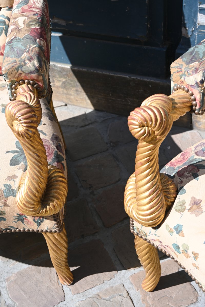 Paire de grands fauteuils cordes bois doré  style Napoléon III-photo-2