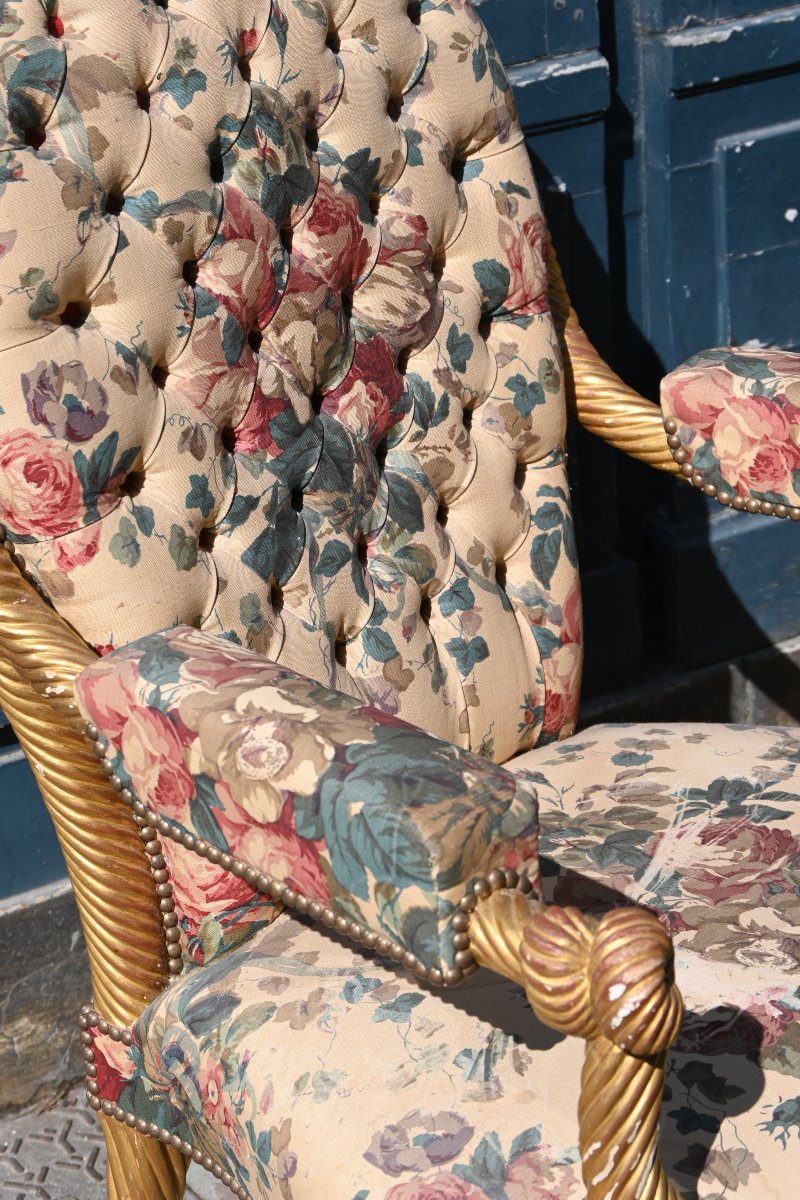 Paire de grands fauteuils cordes bois doré  style Napoléon III-photo-3