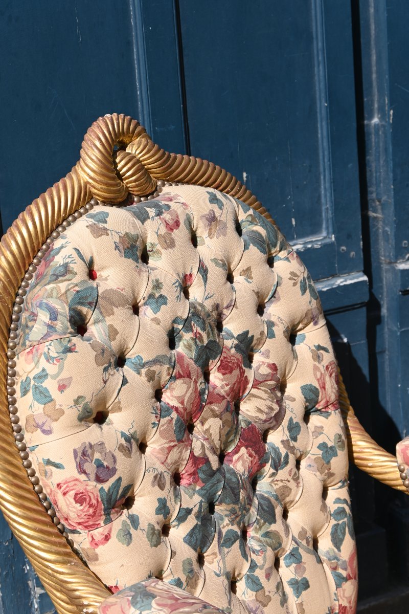 Paire de grands fauteuils cordes bois doré  style Napoléon III-photo-5
