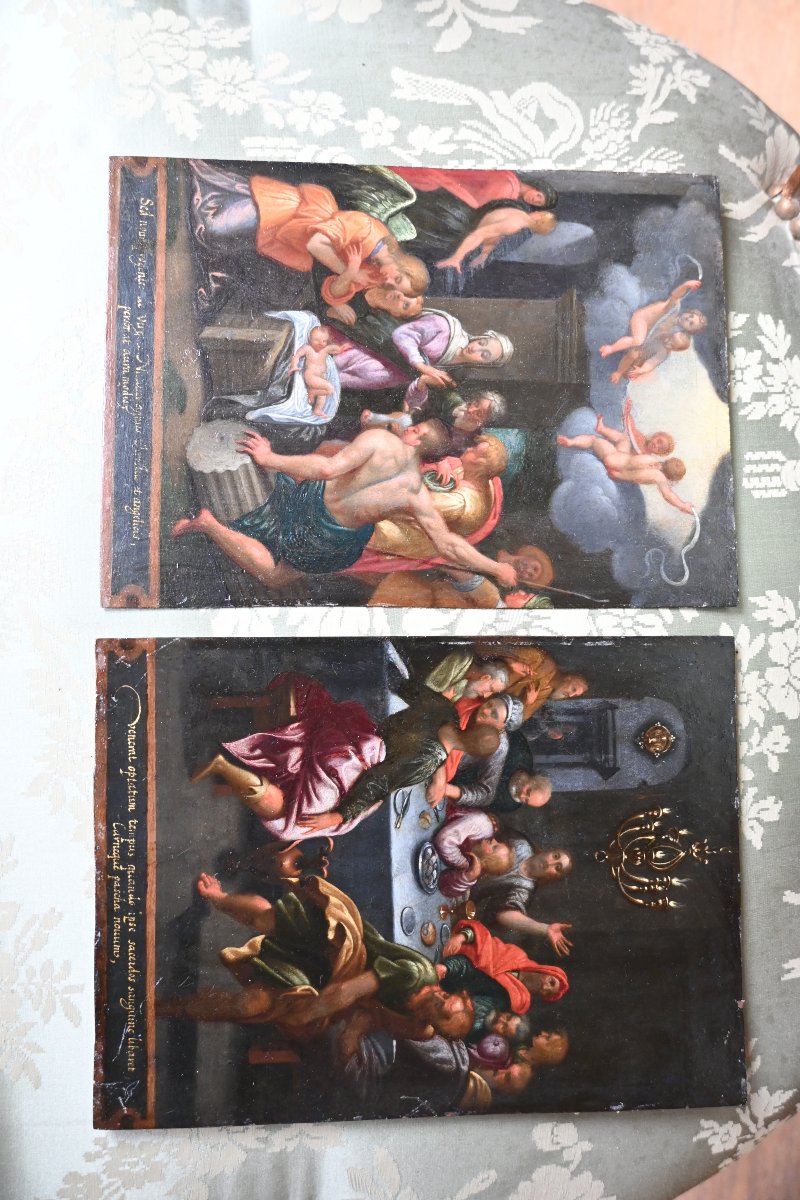 Paire de cuivres du début du XVIII , la Nativité et la Cène -photo-3