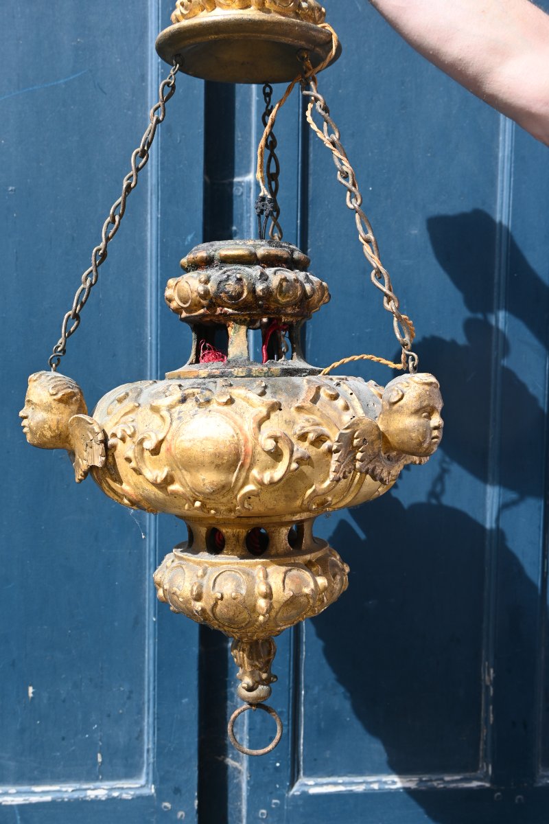 Suspension en bois doré , têtes d anges d époque Louis XIV du XVIII-photo-3