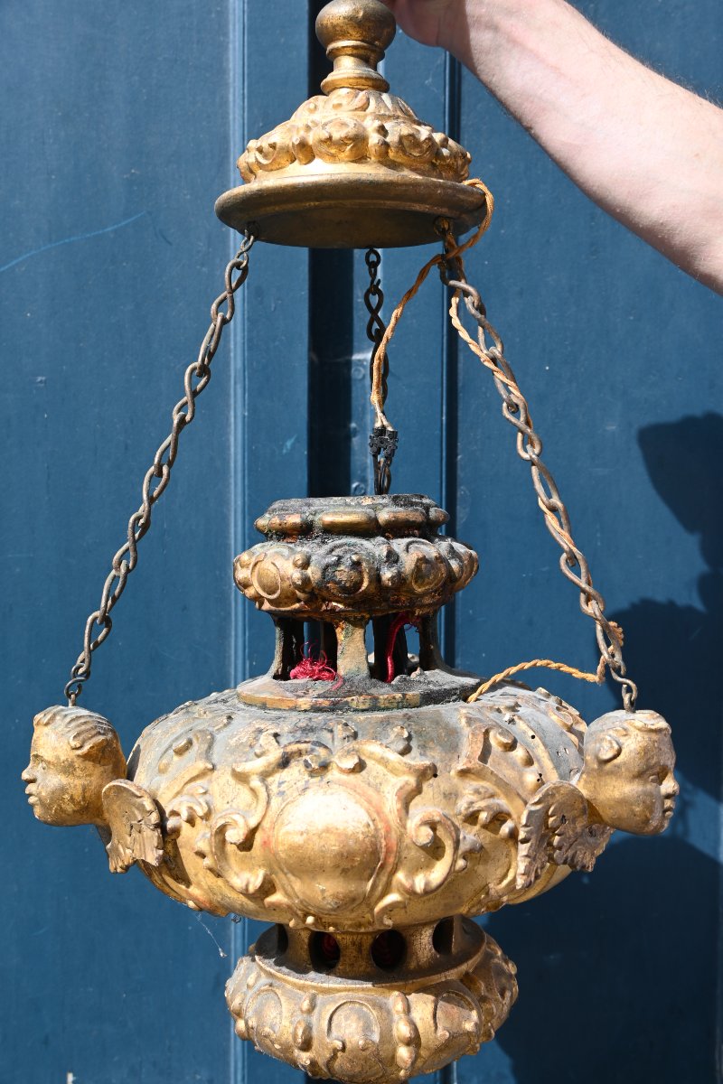Suspension en bois doré , têtes d anges d époque Louis XIV du XVIII-photo-2