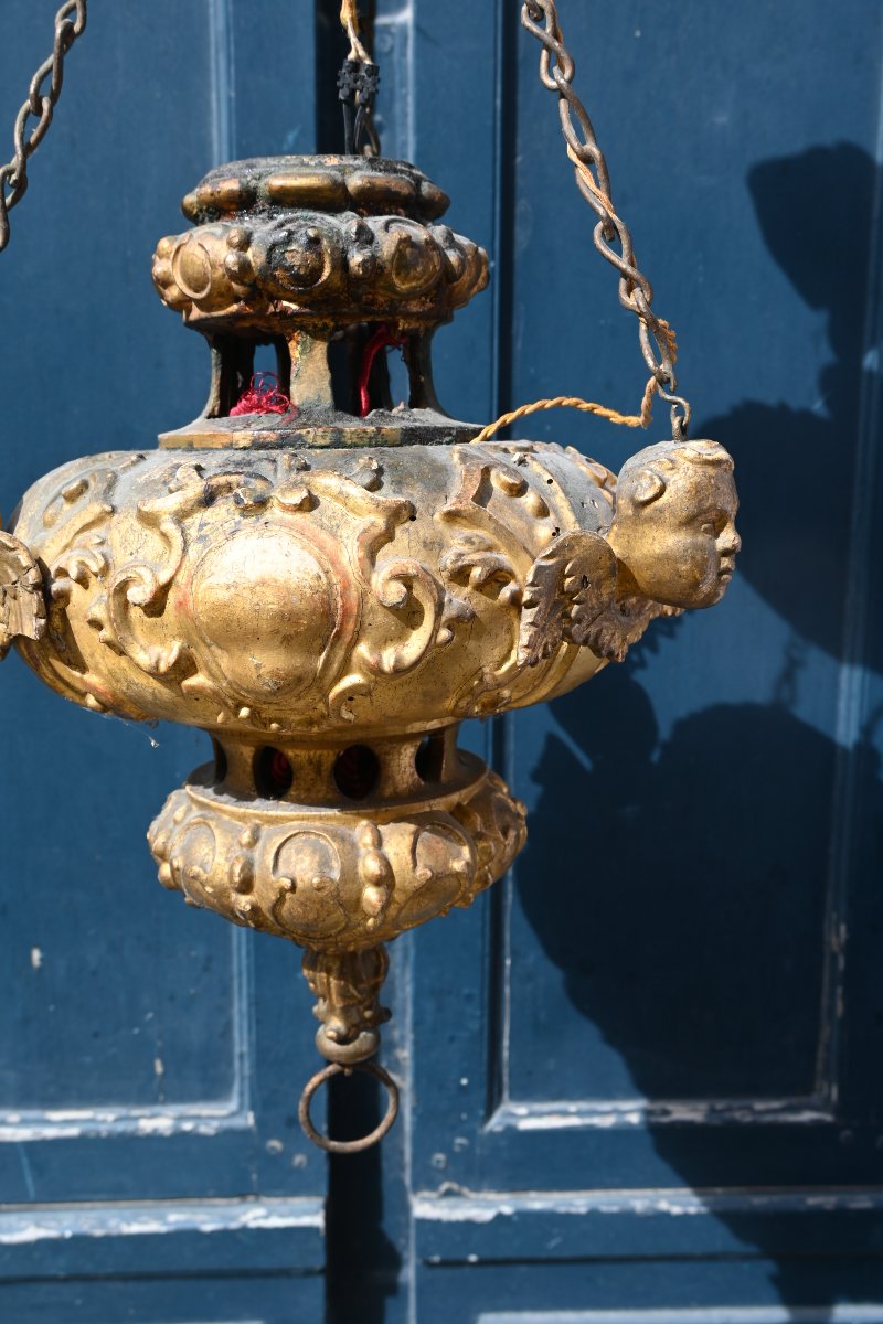 Suspension en bois doré , têtes d anges d époque Louis XIV du XVIII-photo-3