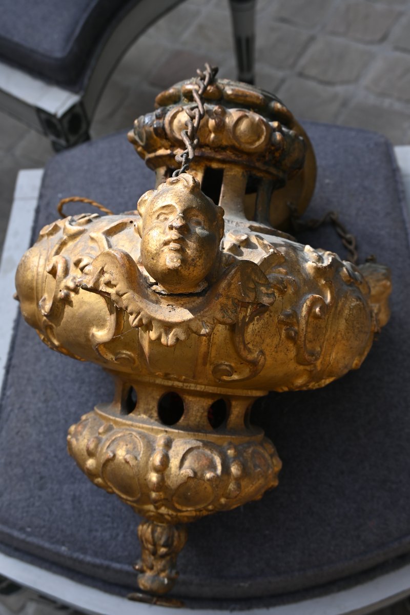 Suspension en bois doré , têtes d anges d époque Louis XIV du XVIII-photo-6