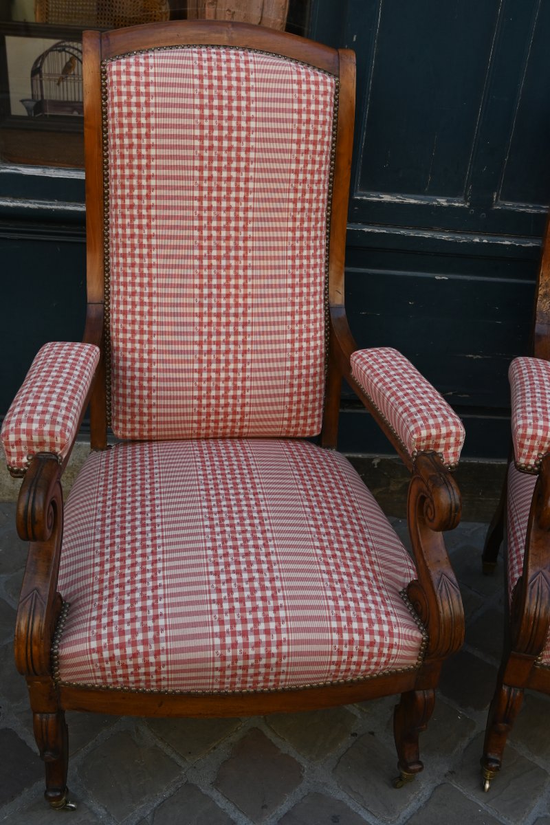 Paire d élégants fauteuils Voltaire en acajou d époque Restauration XIX-photo-3