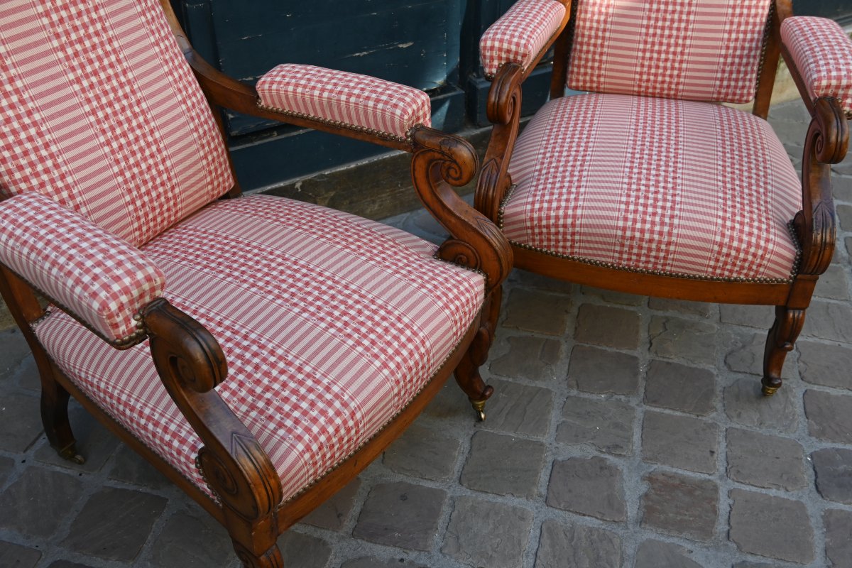 Paire d élégants fauteuils Voltaire en acajou d époque Restauration XIX-photo-1