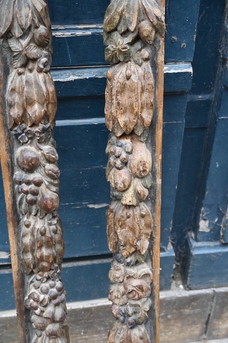 Paire d éléments en bois sculpté , fruits , d époque Louis XIV -photo-1