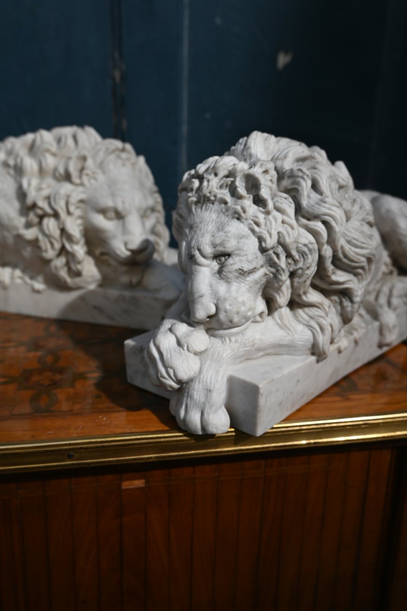 Paire de lions en marbre sculpté d après Canova  , travail de la fin XIX-photo-3