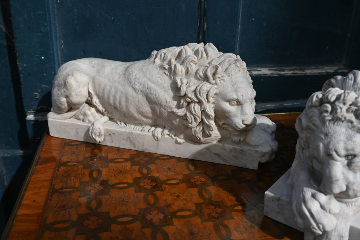 Paire de lions en marbre sculpté d après Canova  , travail de la fin XIX-photo-6